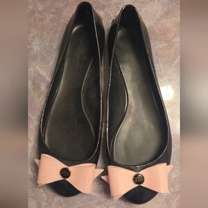 Ted Baker Black Flats with Blush Bow Accent